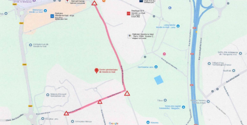 Carte autour de la prison de vendin-le-Vieil indiquant les accès fermés pendant l'exercice