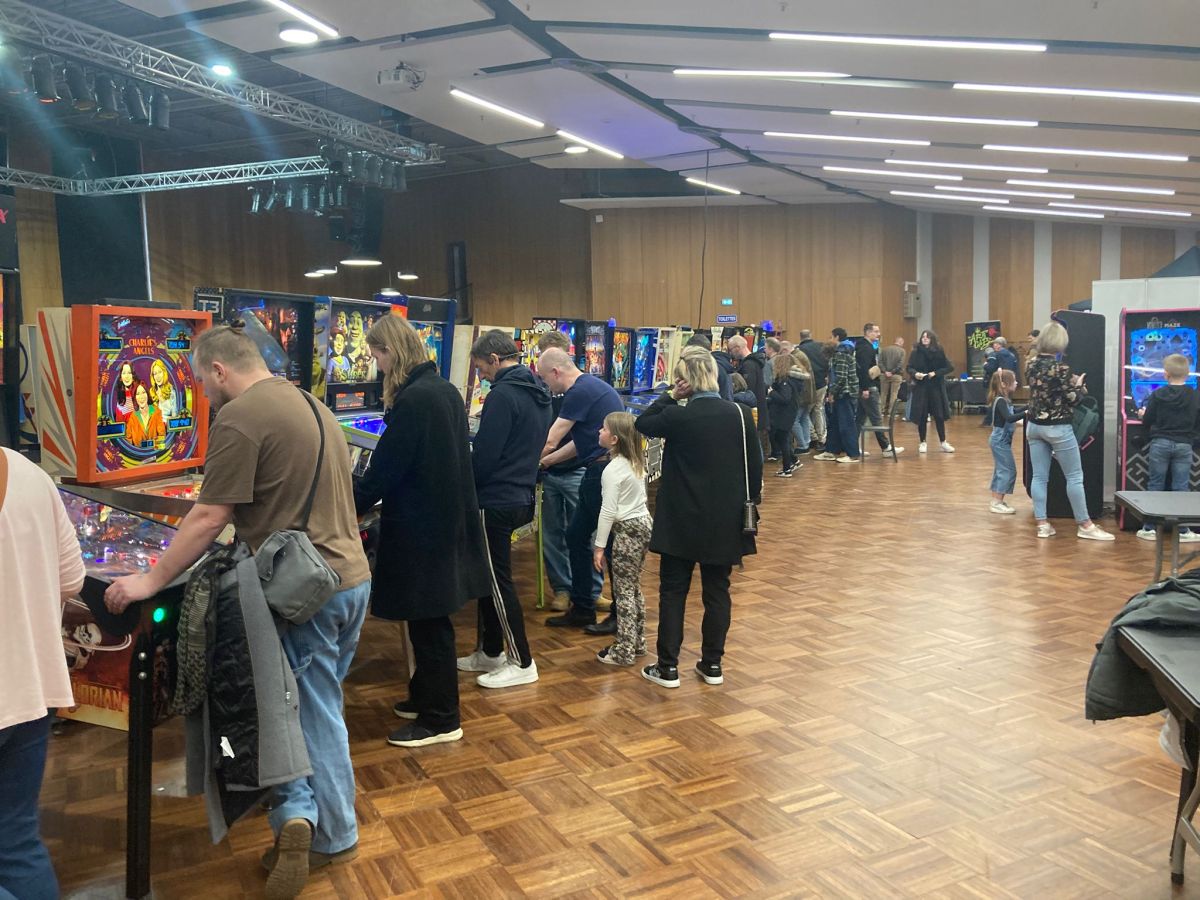 Plusieurs personnes devant des flippers au festival des Vintage Gaming Days